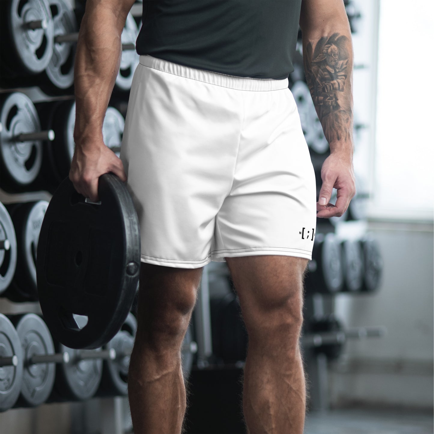 White, Simple Logo (Black Thread) - Athletic Shorts